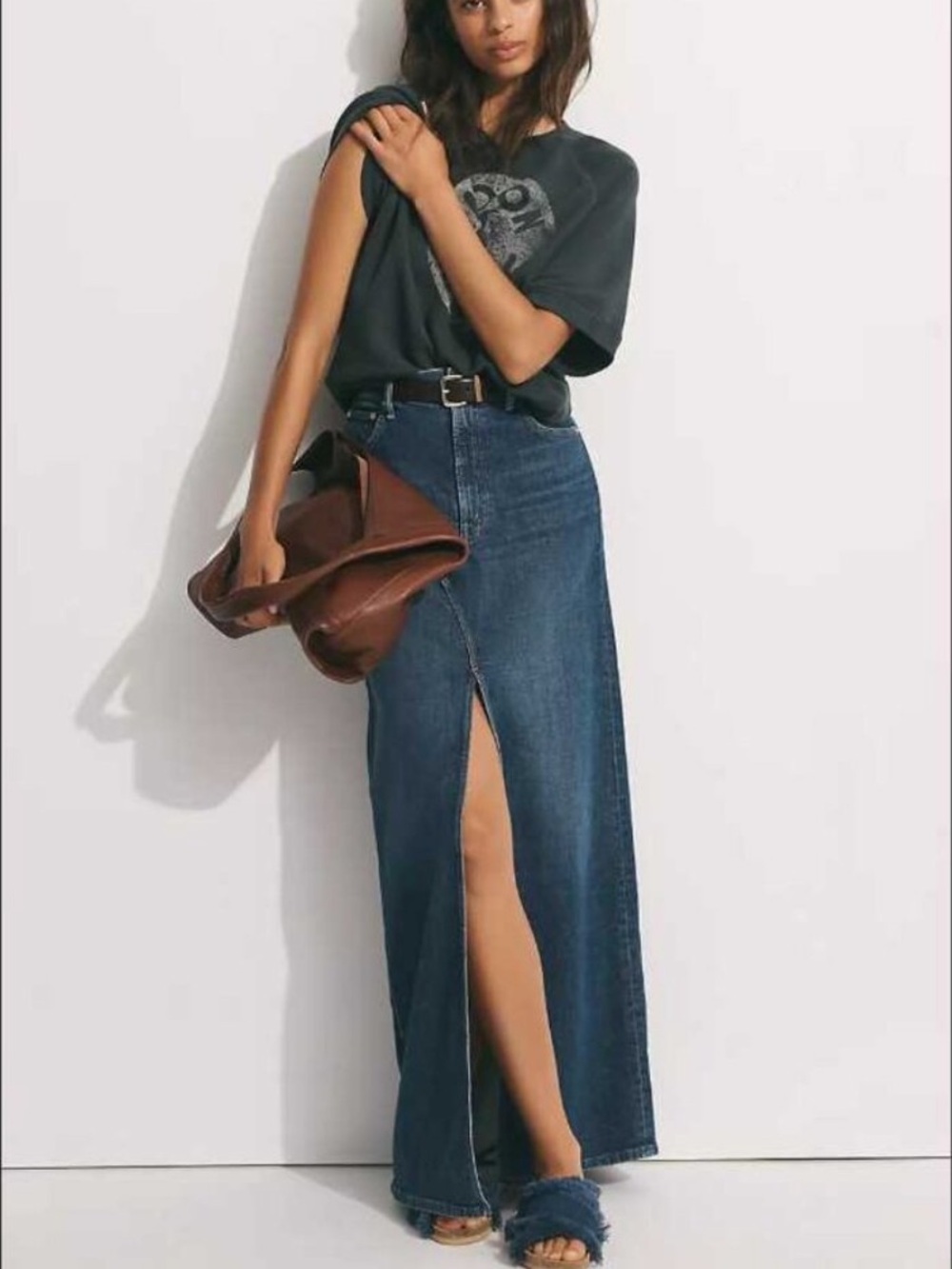 NWT MOTHER Superior The Bombshell Denim Maxi Skirt in Cannonball 29